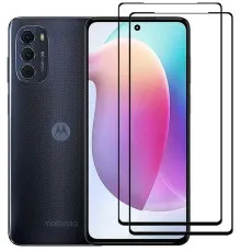 Motorola Moto G71s smartphone with two black edge tempered glass screen protectors