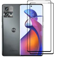 Motorola Moto G72 smartphone with two black edge tempered glass screen protectors