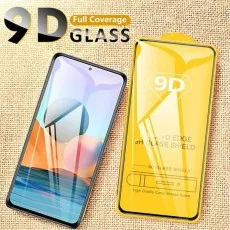 9D full coverage glass screen protector for a smartphone, shown with its yellow packaging
