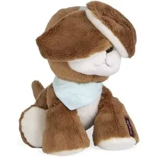 A cute brown and white plush puppy with a light blue scarf, looking to the side