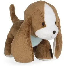 A fluffy brown and white plush puppy with a light blue scarf, looking to the side