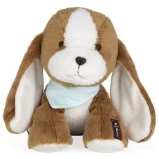 A plush toy puppy with long floppy ears, a brown and white face, and a light blue scarf