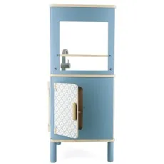 A blue and white toy kitchen cabinet with a sink, open cupboard, and floral-patterned door.