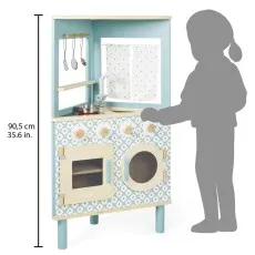 A child's play kitchen with a corner sink and oven. It has a height of 90.5 cm.