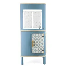 A close-up of a blue wooden toy kitchen featuring a cupboard with a patterned door and a window.