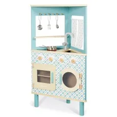 A Janod brand corner toy kitchen in light blue and white, featuring an oven, stove, sink, and accessories.