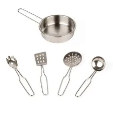 A small metal pan sits above a group of four miniature kitchen tools on a white background.