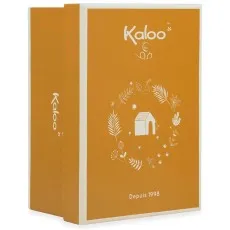 A bright orange gift box with white illustrations of a little house, a sun, and leaves