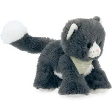 A plush gray and white cat with a poofy white tail, wearing a light green scarf