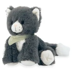 A gray and white plush cat with a light green scarf, sitting with its tail extended out