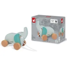 A wooden elephant toy with a string and four wheels, packaged in a gray box with an elephant design.