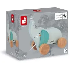 A Janod pull-along wooden elephant toy is featured on its gray product box.