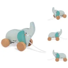 A light blue Janod elephant pull toy with wooden wheels is repeated in three sizes.