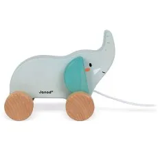 A wooden elephant toy with a light blue body, big ears, and a painted face.