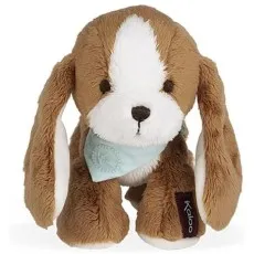A close-up of a soft brown and white puppy toy with long floppy ears and a blue scarf around its neck