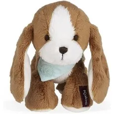 A plush toy puppy with long floppy ears, a brown and white face, and a light blue scarf