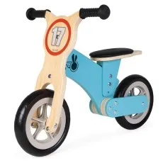 A children's wooden balance bike with a light blue body, black handlebars, and a race number 17.