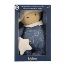 A plush, musical toy bunny, dark blue with a white star, in a clear-fronted box