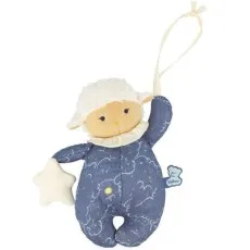 A musical plush lamb wearing a blue and white patterned onesie, holding a white star