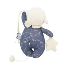 A rear view of a plush, musical toy lamb wearing a blue and white patterned onesie