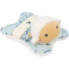 A comforting plush toy, featuring a sheep's head on a light blue star with a cloud pattern.