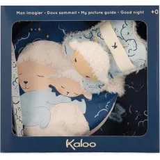 A Kaloo brand box containing a plush toy and a round, soft picture book for infants