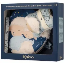 A Kaloo branded box showing a children's fabric book and a plush star toy with a sheep face.