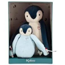 A large and a small Kaloo plush penguin, nestled inside a blue and white gift box