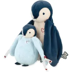 A set of two Kaloo plush penguins, a small light blue one and a larger dark blue one, standing together