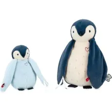 A side-by-side shot of two Kaloo plush penguins, with the small light blue one attached to the large dark blue one by a ribbon