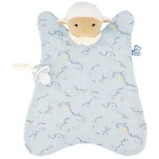 A baby comforter blanket featuring a white plush sheep and a pacifier, on a pale blue background.