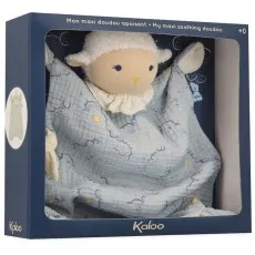 A Kaloo baby gift set featuring a soft, light blue comfort blanket with a plush sheep toy.