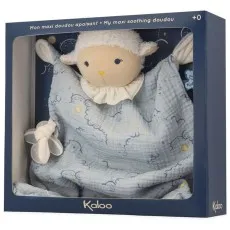A Kaloo brand box contains a light blue baby blanket with a plush sheep and a pacifier loop.