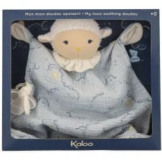 A maxi soothing comforter toy for babies with a sheep's head, packaged in a dark blue gift box.