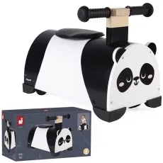A Janod panda ride-on toy and its dark blue product box with images of the toy and a child.