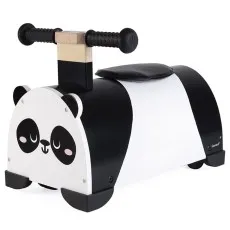 A children's wooden toy panda with four small wheels and a black seat, designed for a child to ride on.
