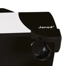 A close-up of a Janod panda ride-on toy, showing one of its small, black caster wheels.