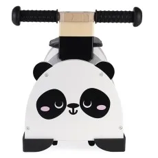 A front-facing close-up of a wooden panda-themed ride-on toy with a painted face and small ears.