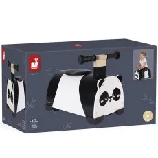 A Janod panda ride-on toy and its dark blue product box with illustrations of the toy and a child.