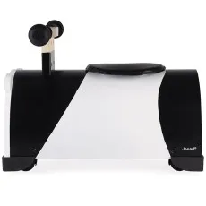 A wooden toy shaped like a panda with a black seat, handlebars, and small wheels on a white background