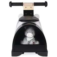 The front view of a black and white panda toy, showing a small stuffed animal sitting in a storage compartment.