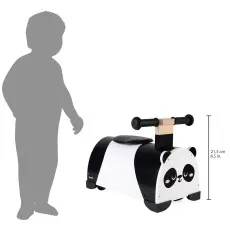 wooden panda-shaped ride-on toy, with its seat height of 21.5 cm, next to a child's outline