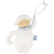 A Kaloo brand plush sheep mobile toy holding a moon, with a ribbon for hanging.