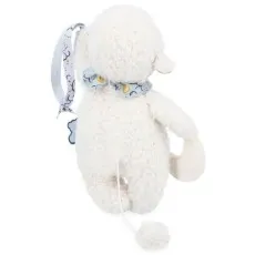 A plush musical sheep toy seen from behind, with a pull string and a ribbon for hanging.