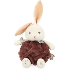 A white Kaloo plush rabbit wearing a textured red body wrap, with one ear standing up