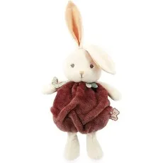 A white plush rabbit from Kaloo wearing a deep red, fluffy wrap