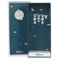 A deep teal gift box, decorated with gold stars and clouds, with a hinged lid revealing an illustration of three bunnies on a clothesline