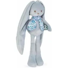 A gray plush rabbit with long floppy ears, a white scarf with blue flowers, and a tag on its side