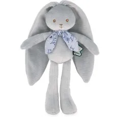 A soft gray plush bunny with long, floppy ears stands on a white background