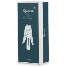 A vertical, rectangular dark teal and white box with an illustration of a long-eared bunny on the front